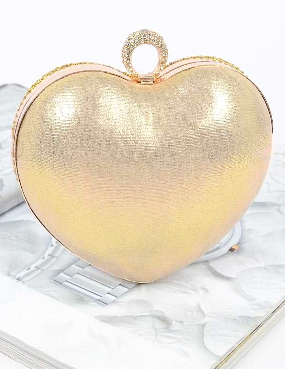 Devine Moments Gold Rhinestone Heart-Shaped Clutch Bag