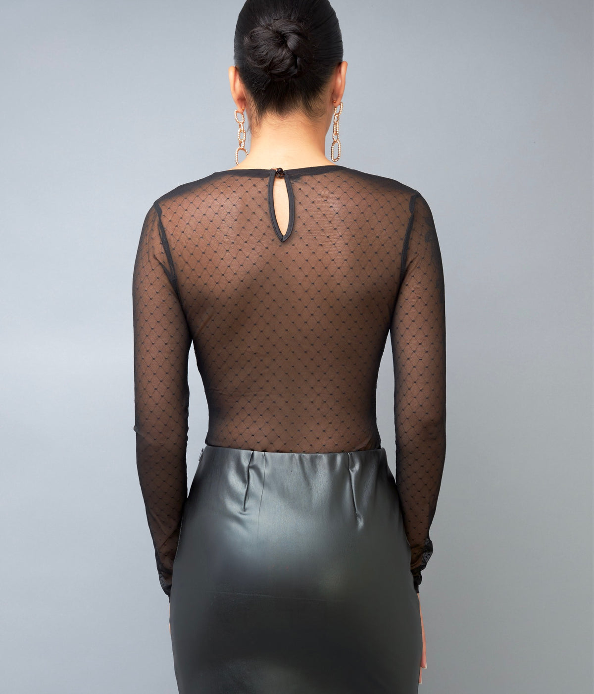 Sultry Black Mesh Lace Long Sleeve Bodysuit