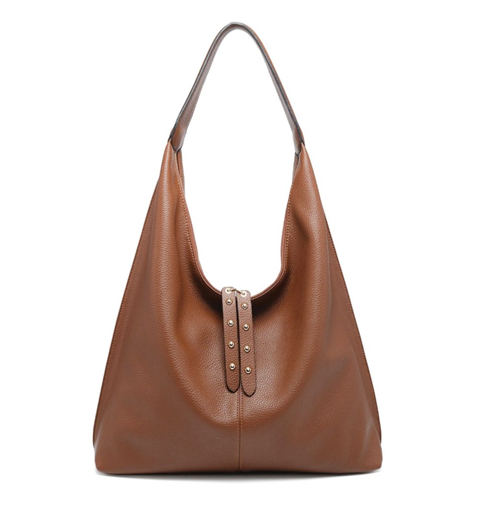 Edgy Chic Brown Large Pebbled Vegan Leather Hobo Bag