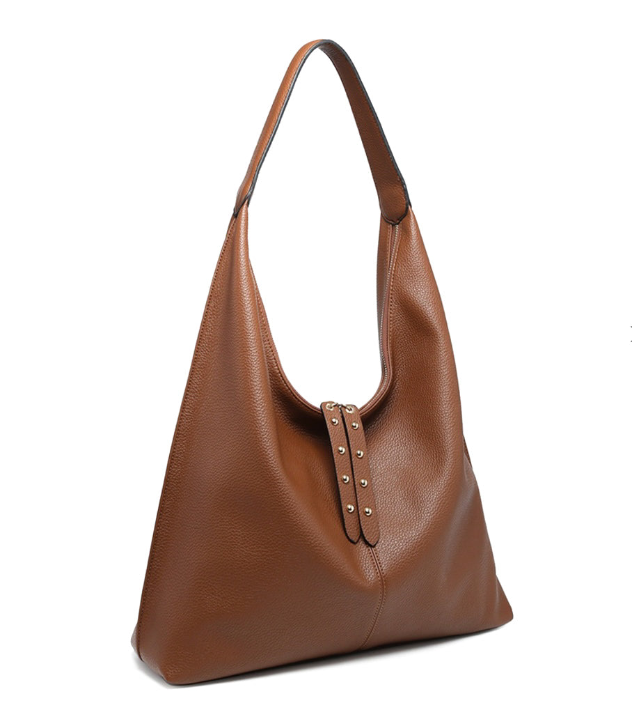 Edgy Chic Brown Large Pebbled Vegan Leather Hobo Bag