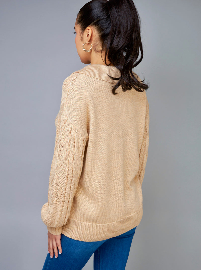 Winter Expression Taupe Collared Cable Knit Pullover Sweater