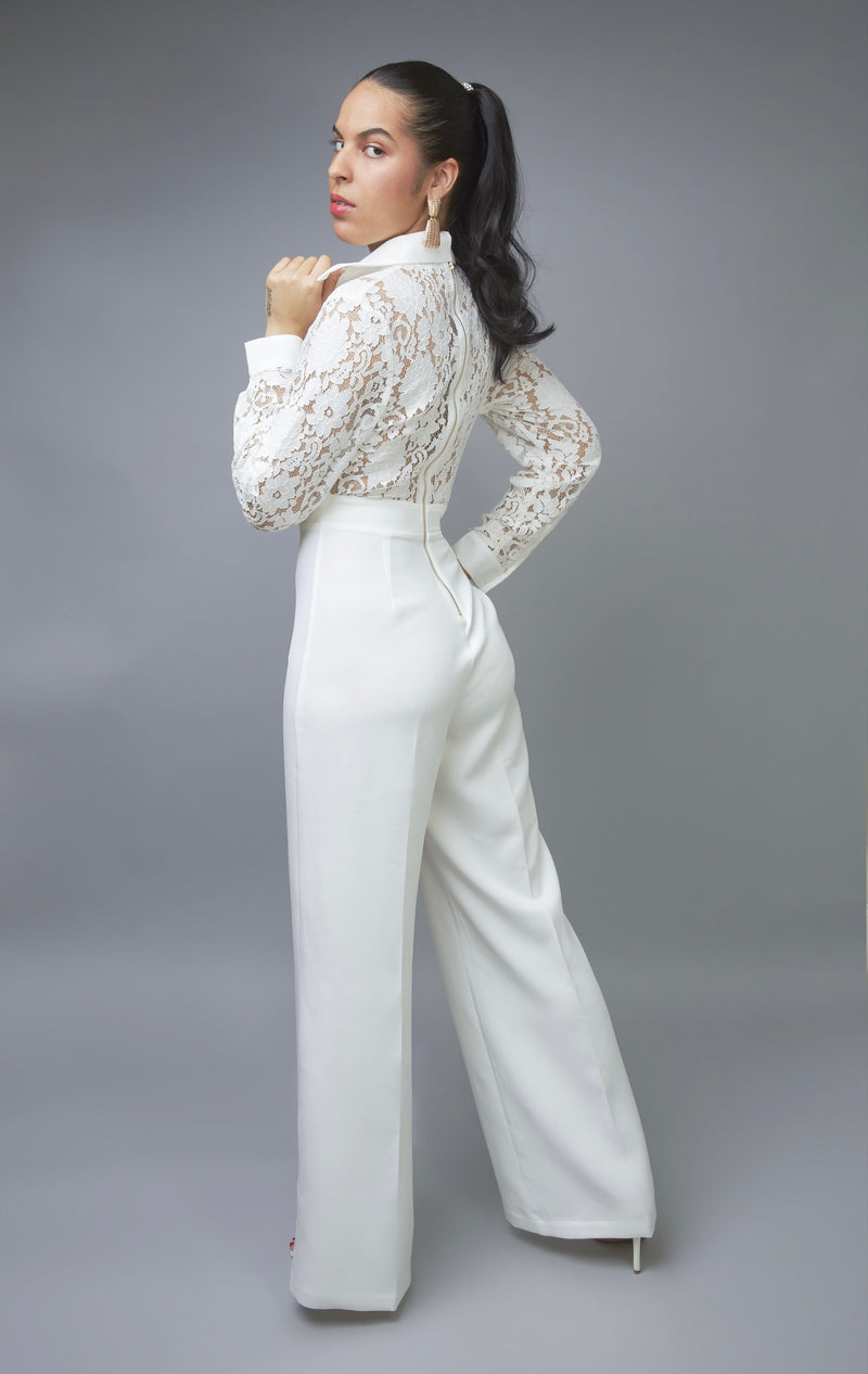Timeless Fashion White Button-Up Wide-Leg Jumpsuit