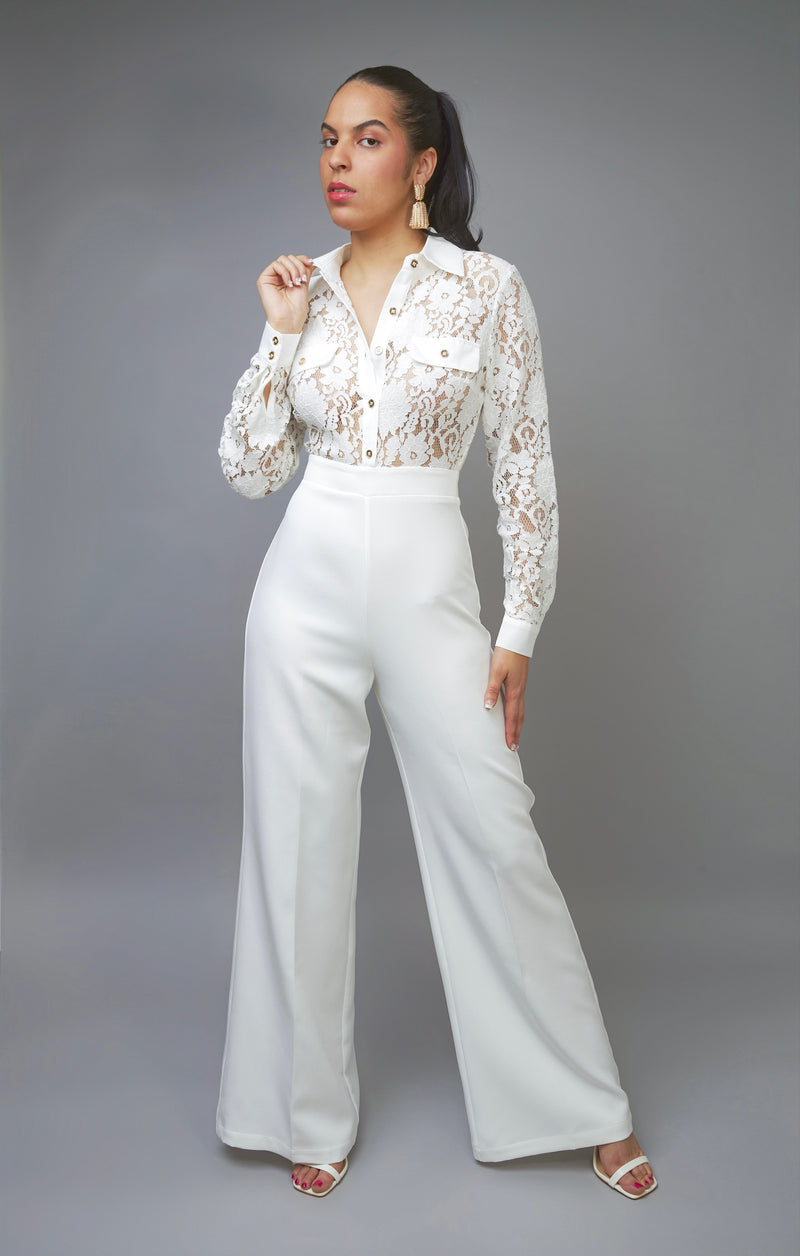 Timeless Fashion White Button-Up Wide-Leg Jumpsuit