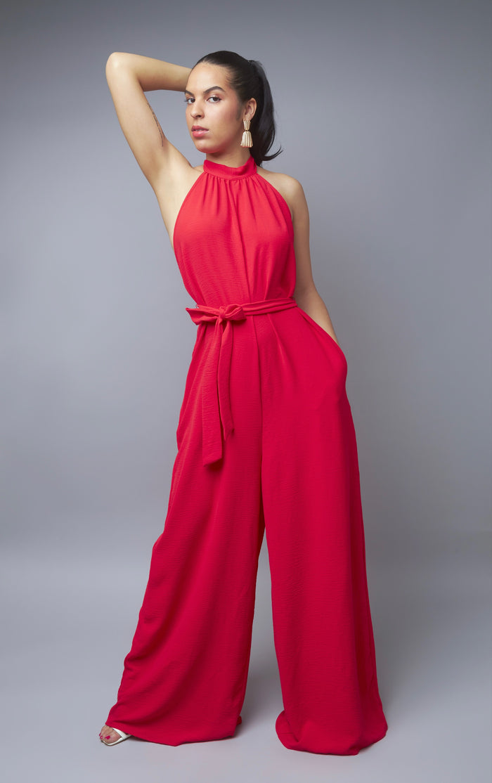 Timeless Allure Red Halter Wide-Leg Jumpsuit