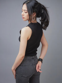 Premium Essential Black Sleeveless Ribbed Knit Top