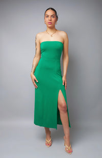 Impeccable Style Green Jersey Knit Strapless Midi Dress