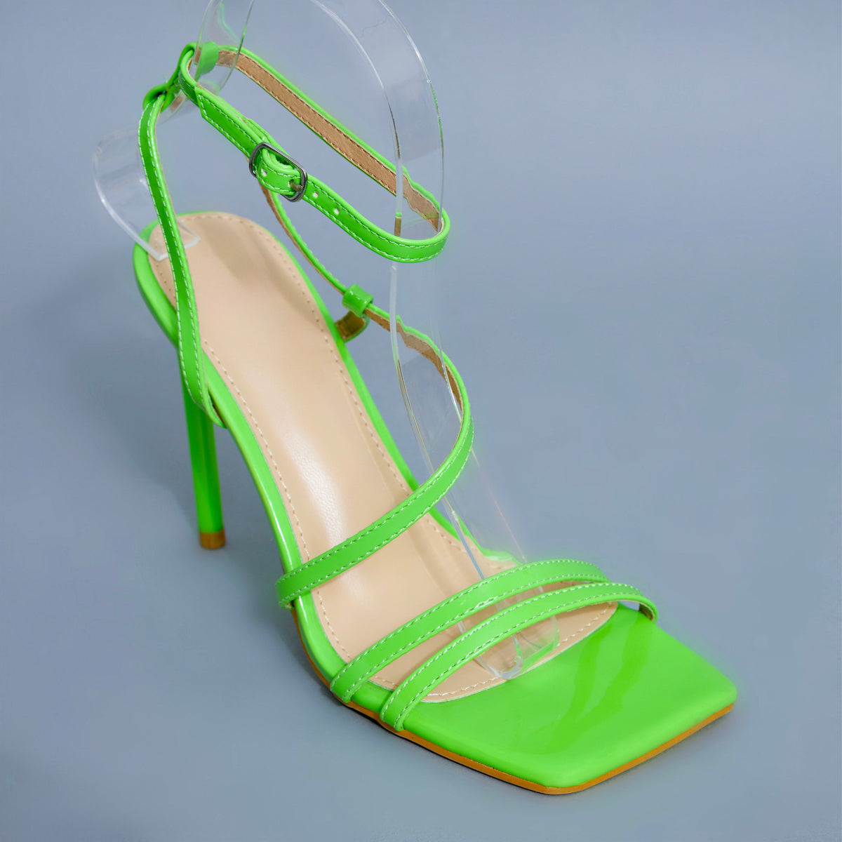 Juliette Green Strappy Square-Toe Heeled Sandals