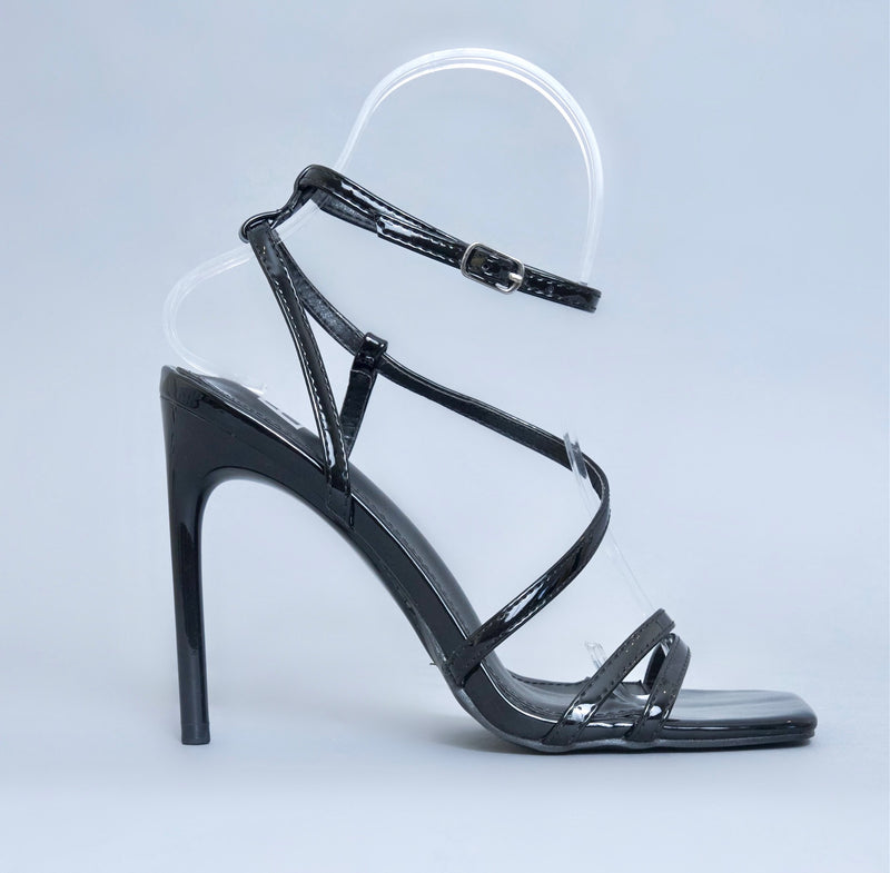 Juliette Black Strappy Square-Toe Heeled Sandals