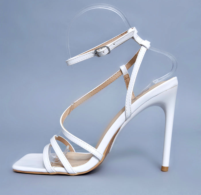Juliette White Strappy Square-Toe Heeled Sandals