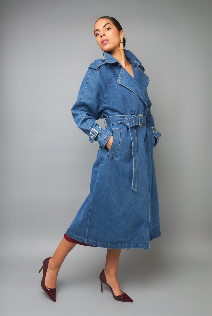 Fashionable Statement Double Breasted Denim Trench Coat