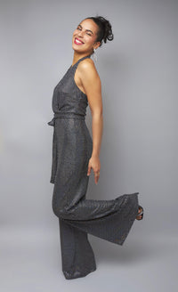 Show Stopping Black Multi-Color Hot-fix Sequin Surplice Halter Jumpsuit