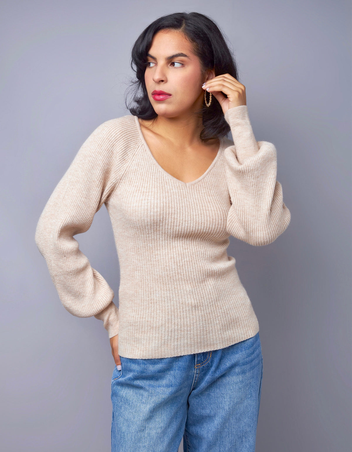 Stylishly Basic Natural Ribbed Knit V-Neck Sweater Top