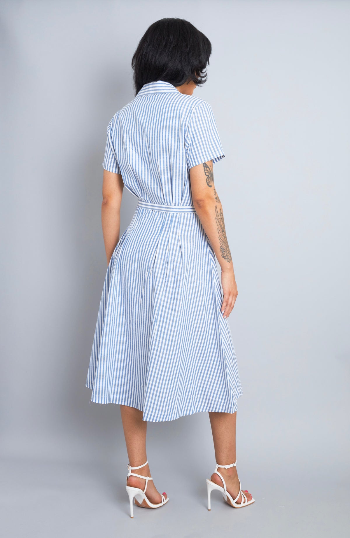 Nautical Chic Blue Pinstripe Belted Button-Up Midi Dress