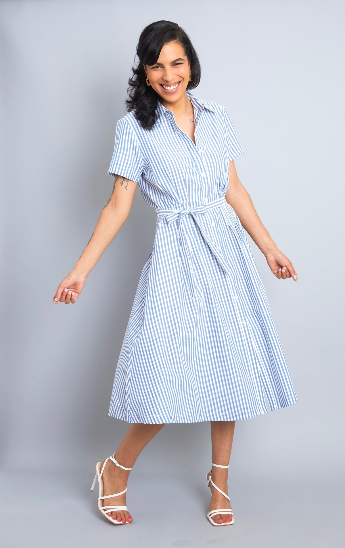 Nautical Chic Blue Pinstripe Belted Button-Up Midi Dress