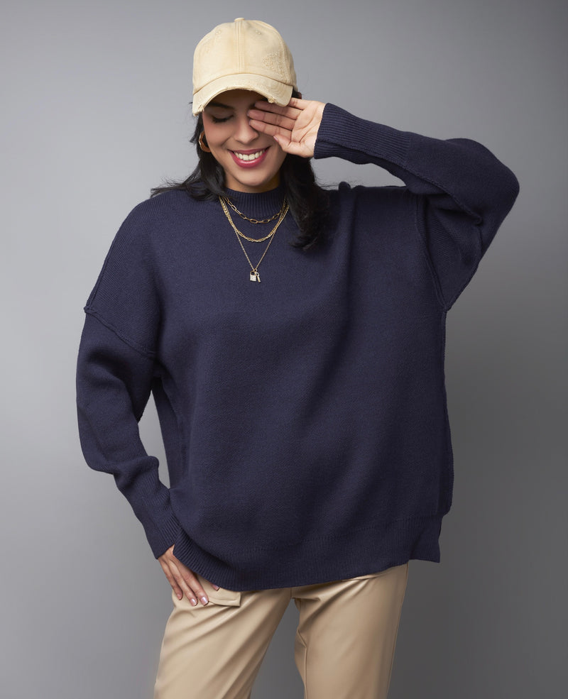 Closet-Essential Navy Crew Neck Oversized Pullover Sweater