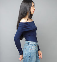 Oh-So-Chic Navy Ribbed Knit Off The Shoulder Top