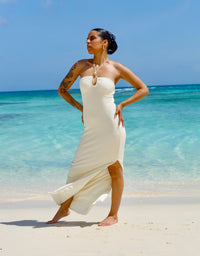 Sizzling Hot Cream Textured  Bodycon Halter Maxi Dress