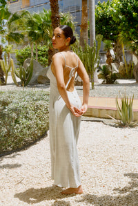 Summer Essence Natural Backless Pinstripe Maxi Dress
