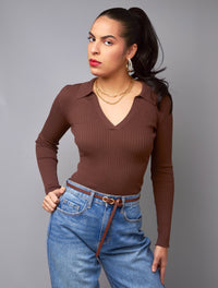 Favorite Basics Brown Collared V-Neck Ribbed Knit Top