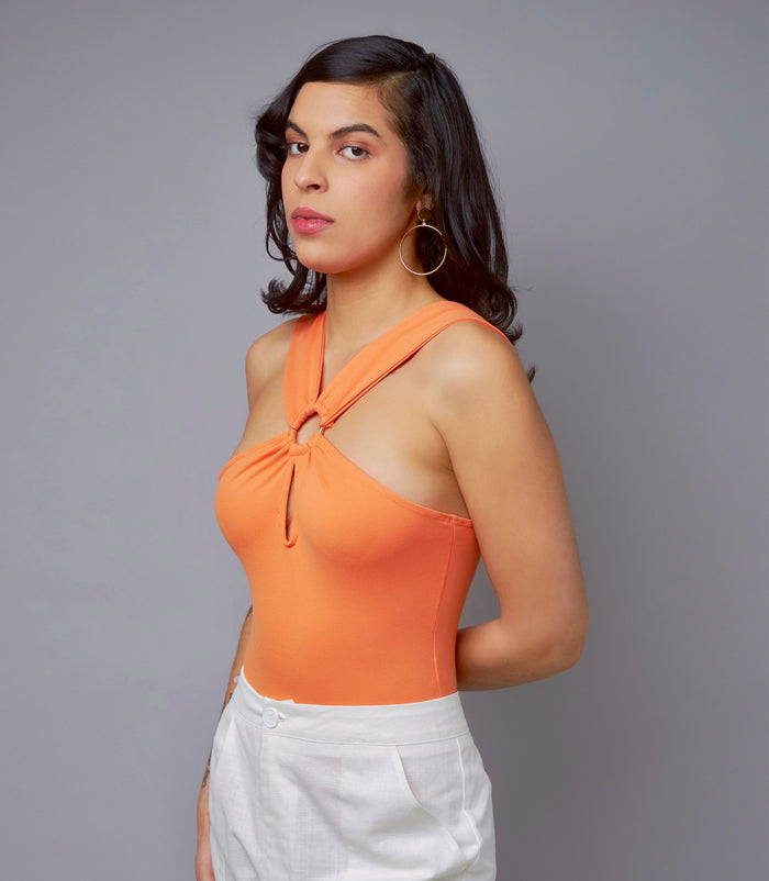 Casual Orange Halter O-Ring Bodysuit