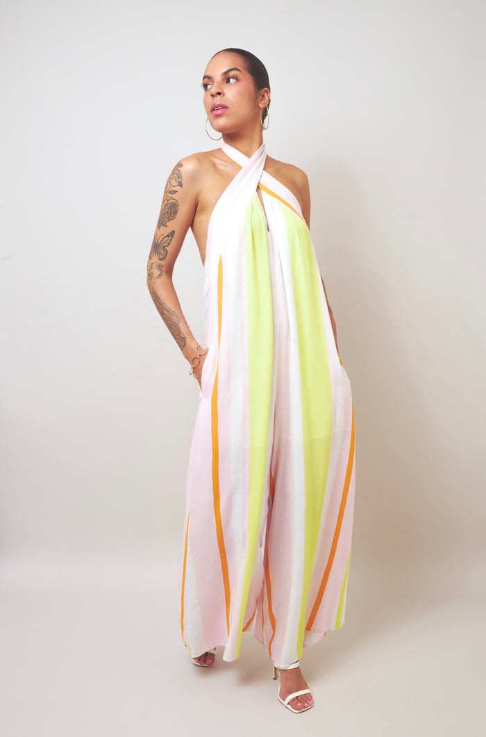 Playful Chic Striped Halter Backless Wide-Leg Jumpsuit