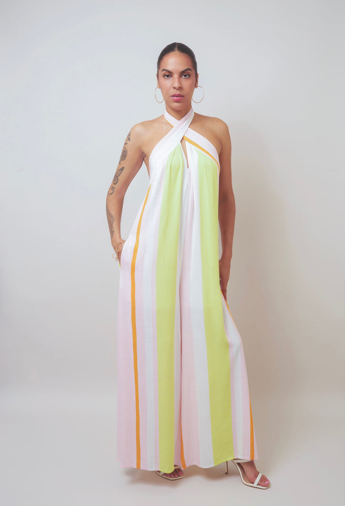 Playful Chic Striped Halter Backless Wide-Leg Jumpsuit
