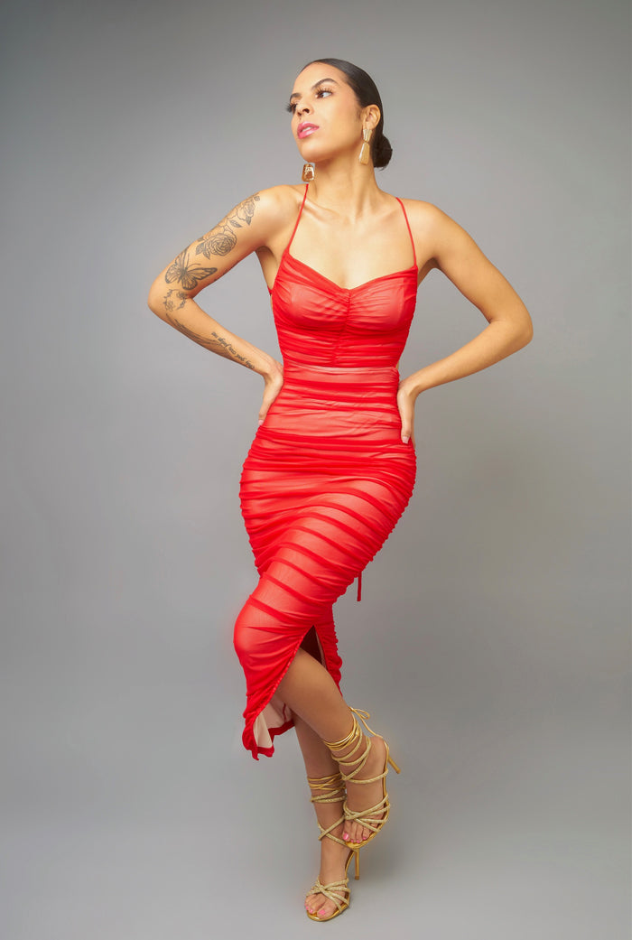 Spectacular Visual Red Ruched Lace Up Midi Dress