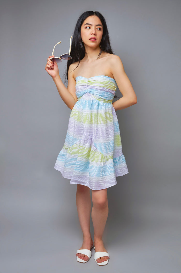 Summer Dream Light Blue Multi Stripe Strapless Babydoll Dress