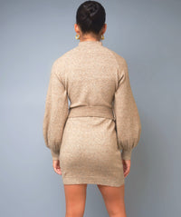 Casual Coziness Tan Blouson Sleeve Mock Neck Knit Dress