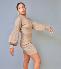Casual Coziness Tan Blouson Sleeve Mock Neck Knit Dress