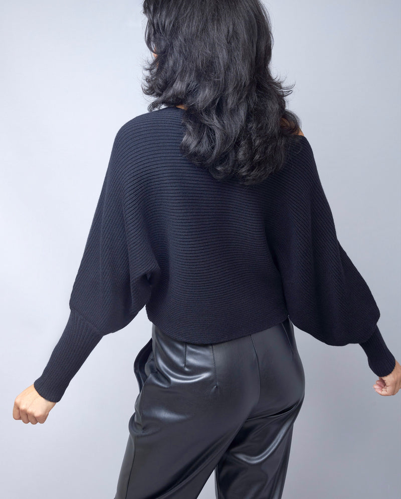 Fall Vibes Black Dolman Sleeve Ribbed Knit Sweater Top