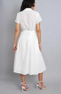 Always Charming White Belted Button-Up Eyelet Midi Dress