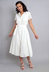 Always Charming White Belted Button-Up Eyelet Midi Dress