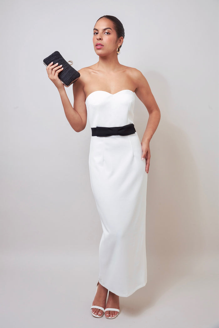 Timless Meets Contempory White Strapless Midi Dress