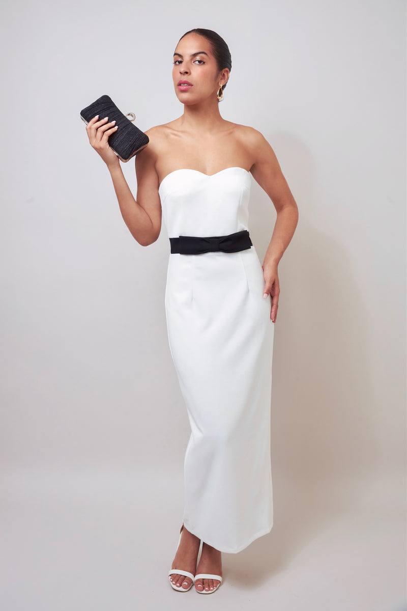 Timless Meets Contempory White Strapless Midi Dress