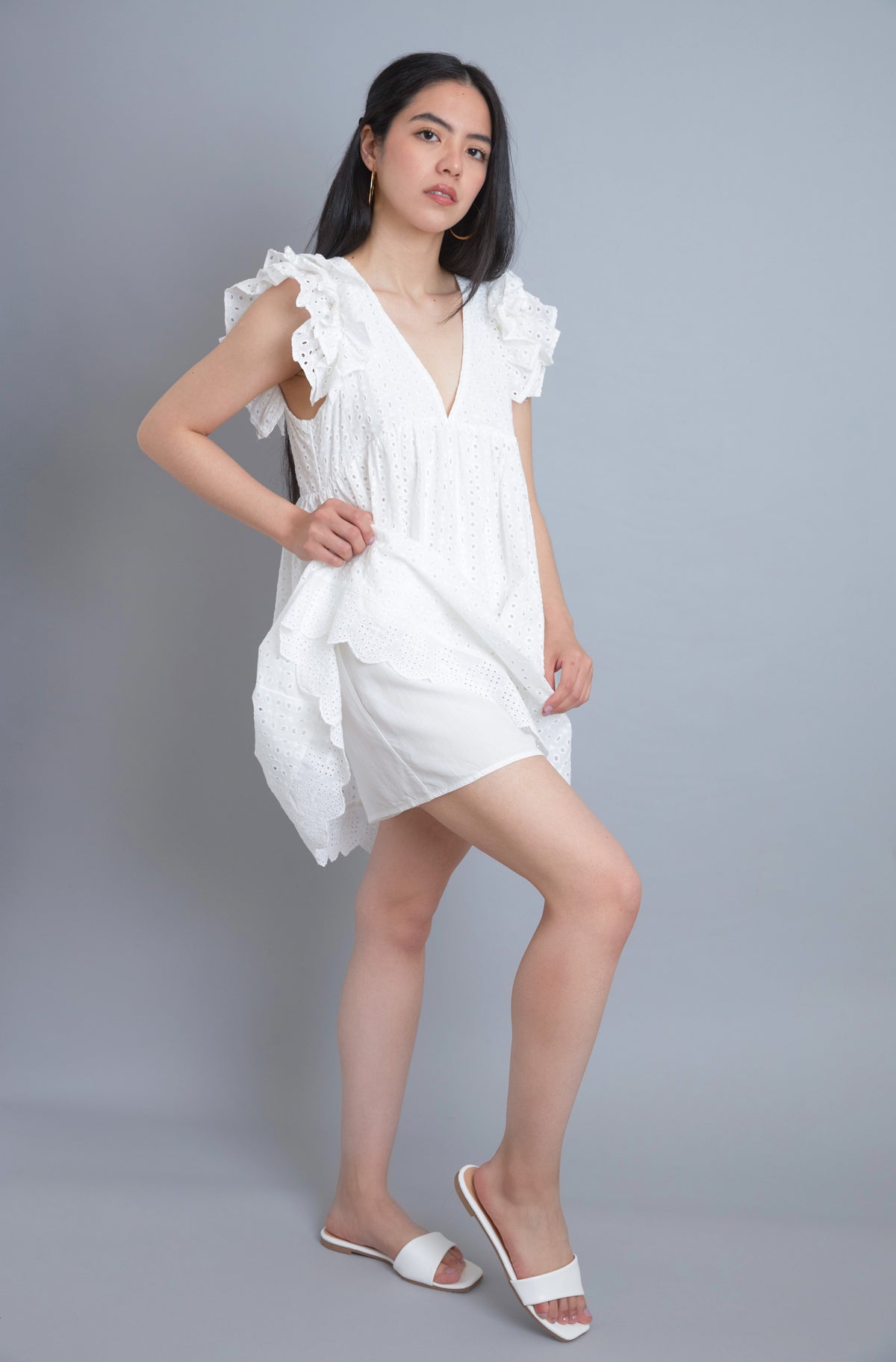 Express Yourself White Eyelet Embroidered Babydoll Dress