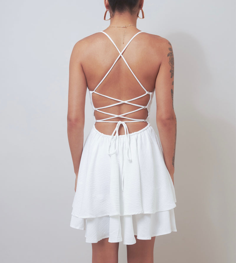 Crisscross Surprise White Backless Tiered Dress