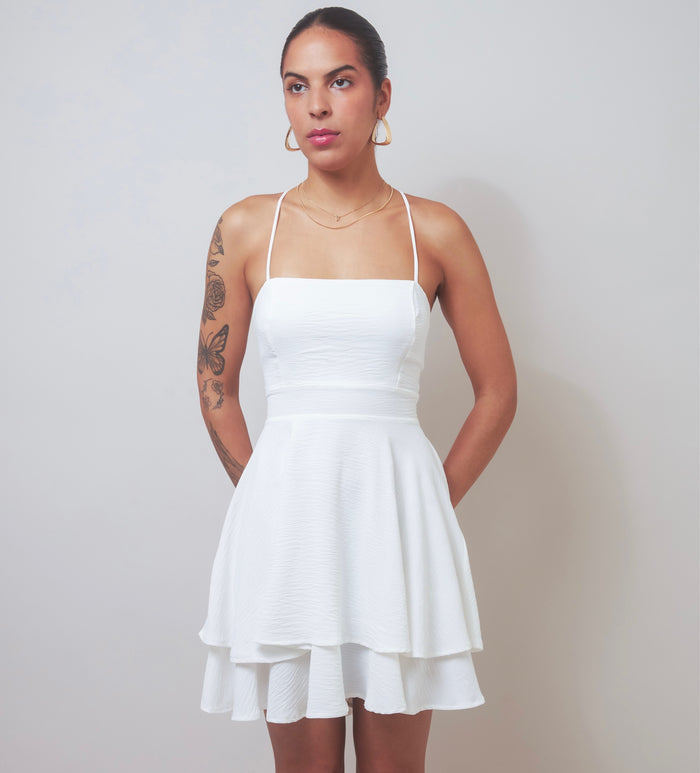 Crisscross Surprise White Backless Tiered Dress
