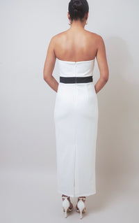 Timless Meets Contempory White Strapless Midi Dress