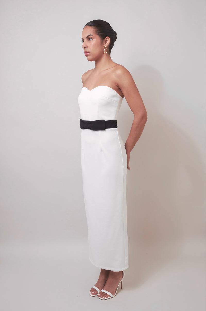 Timless Meets Contempory White Strapless Midi Dress