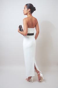 Timless Meets Contempory White Strapless Midi Dress