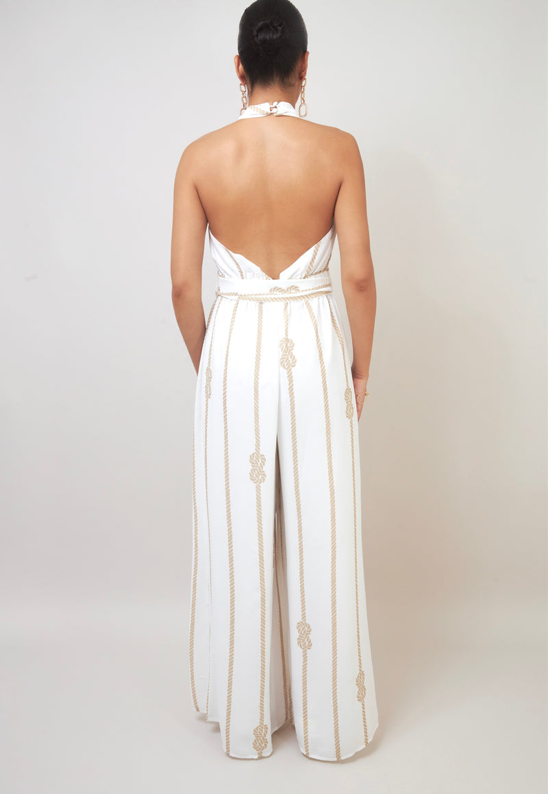 Flirty Keyhole White Halter Wide-Leg Jumpsuit