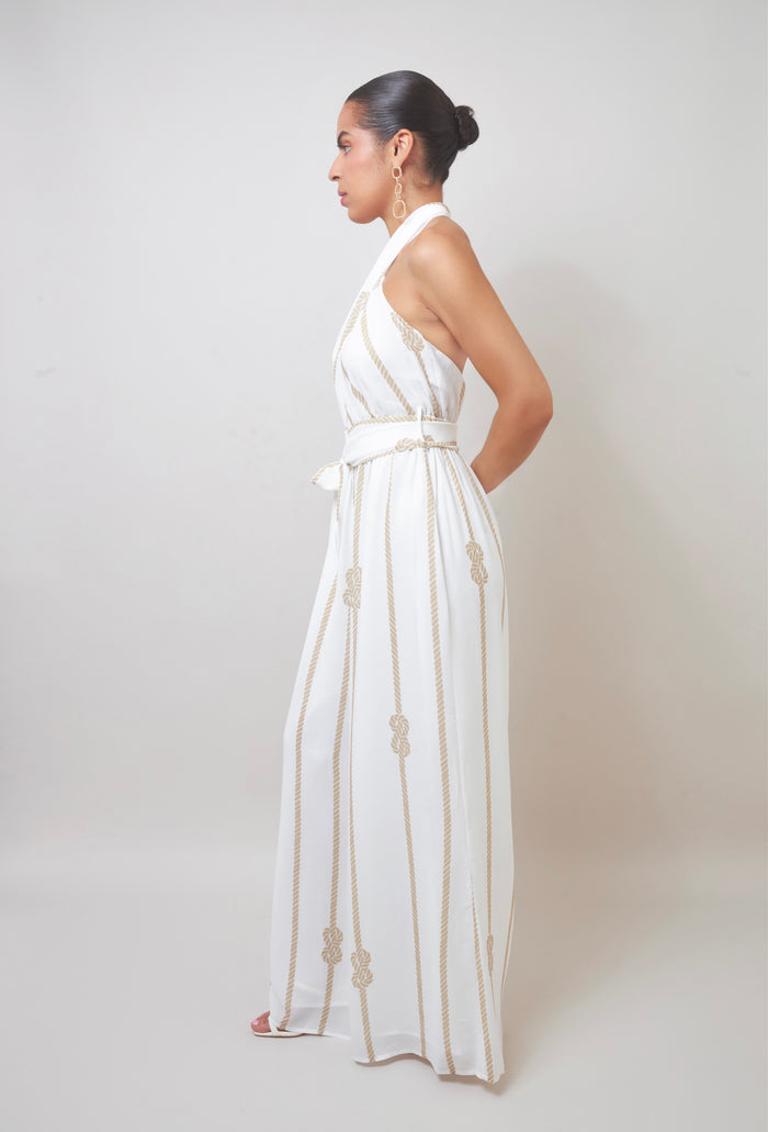 Flirty Keyhole White Halter Wide-Leg Jumpsuit