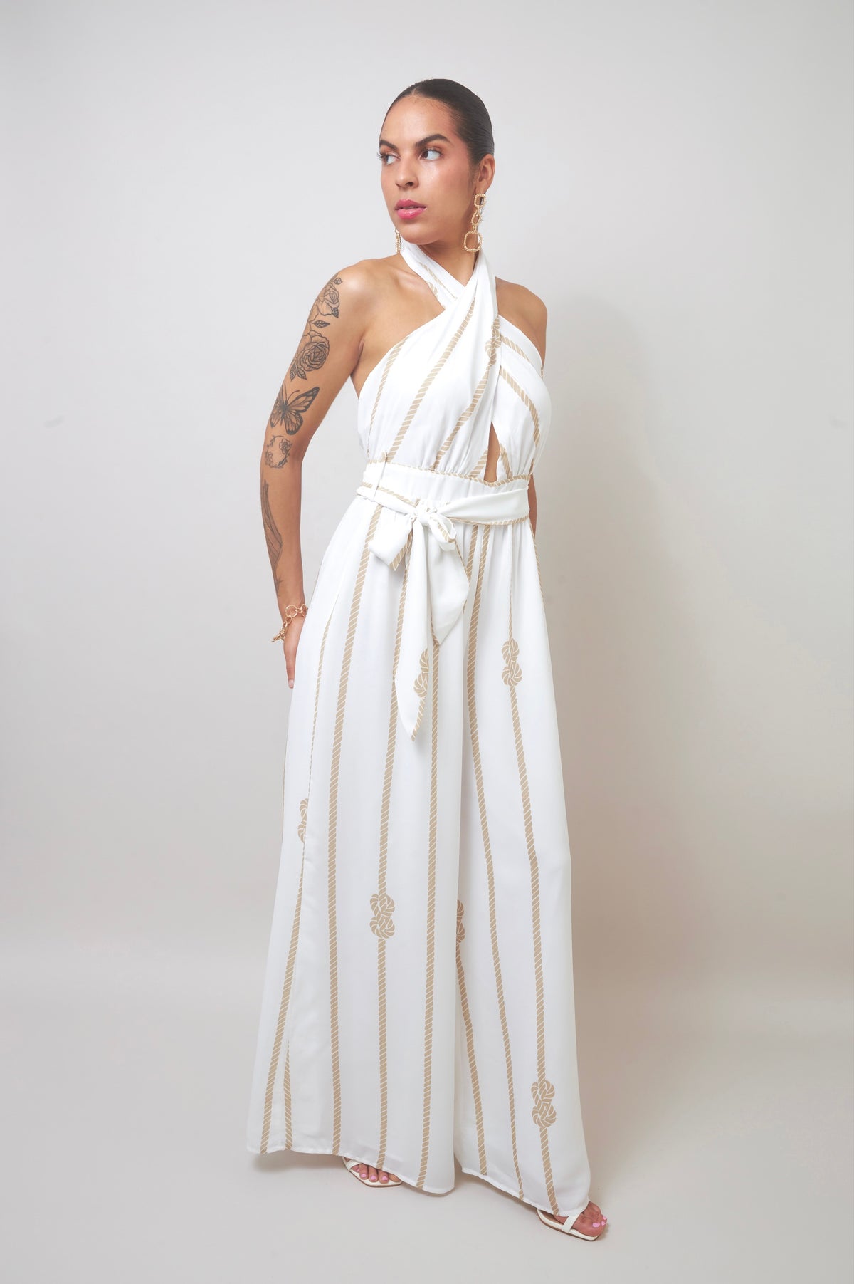 Flirty Keyhole White Halter Wide-Leg Jumpsuit