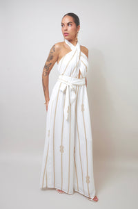 Flirty Keyhole White Halter Wide-Leg Jumpsuit