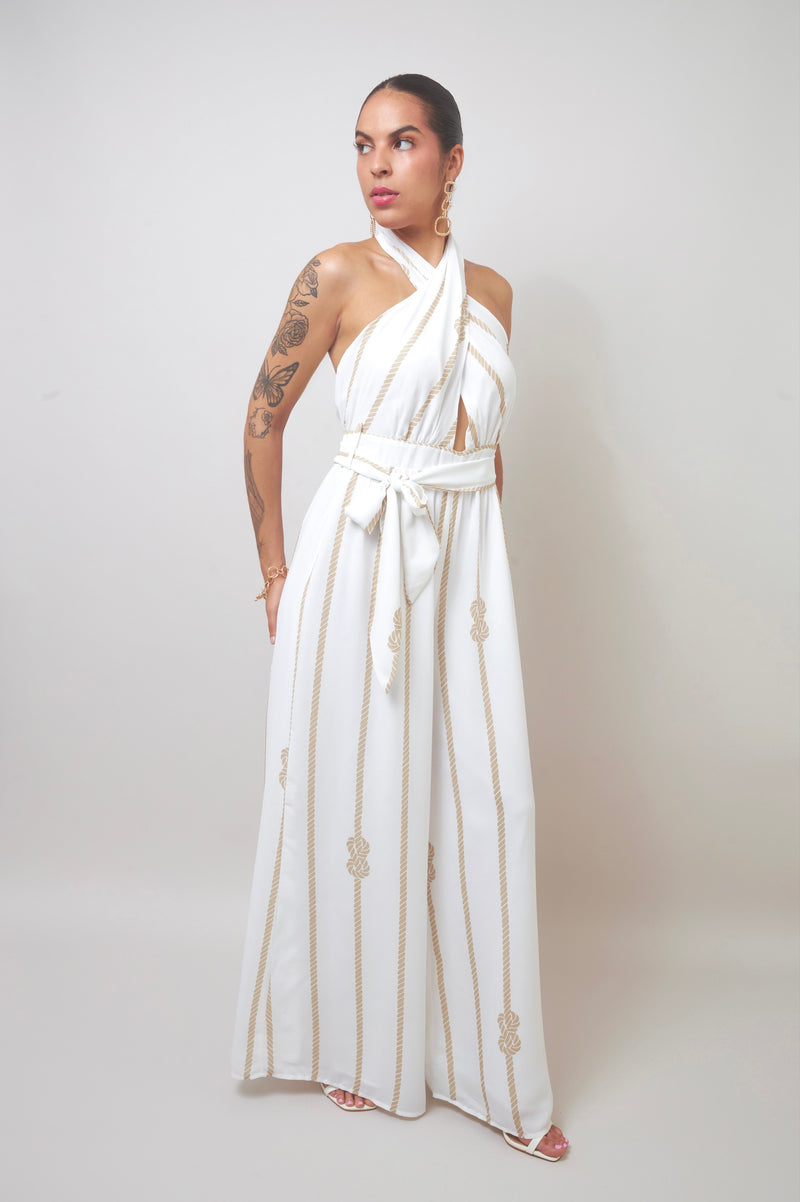 Flirty Keyhole White Halter Wide-Leg Jumpsuit