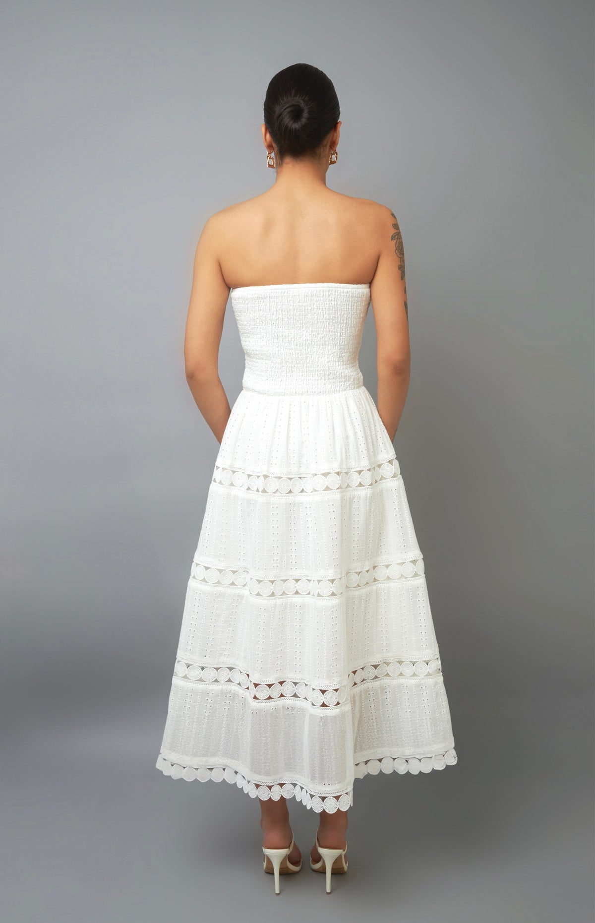 Feminine Elegance White Strapless Eyelet Midi Dress