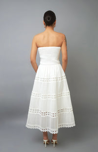 Feminine Elegance White Strapless Eyelet Midi Dress