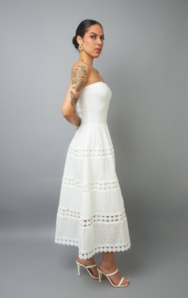 Feminine Elegance White Strapless Eyelet Midi Dress