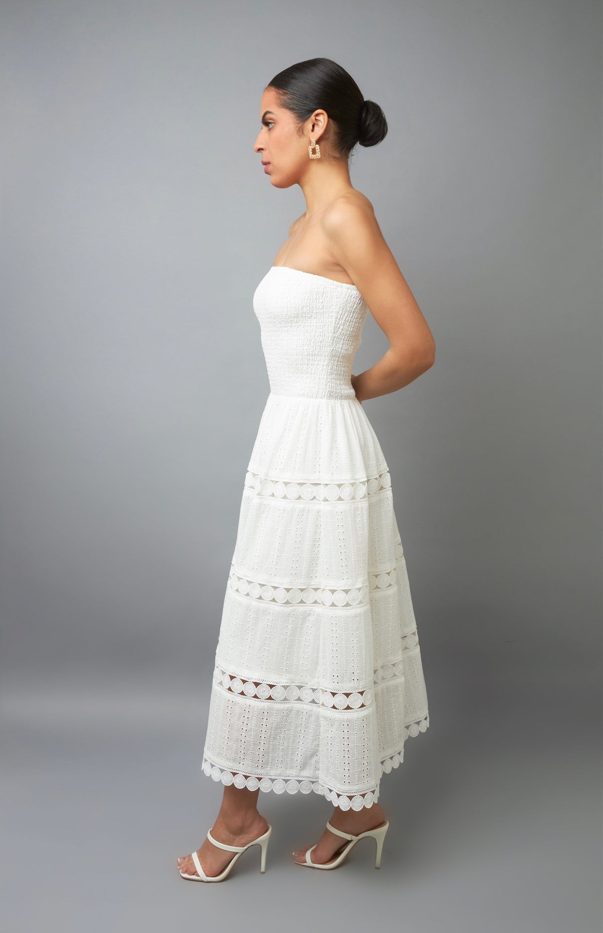 Feminine Elegance White Strapless Eyelet Midi Dress